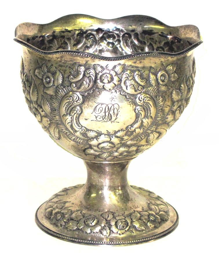 A. E. WARNER STERLING REPOUSSE COMPOTE: #115A, monogrammed; 18.2 TO; Dia.-11 1/2", VG-EX