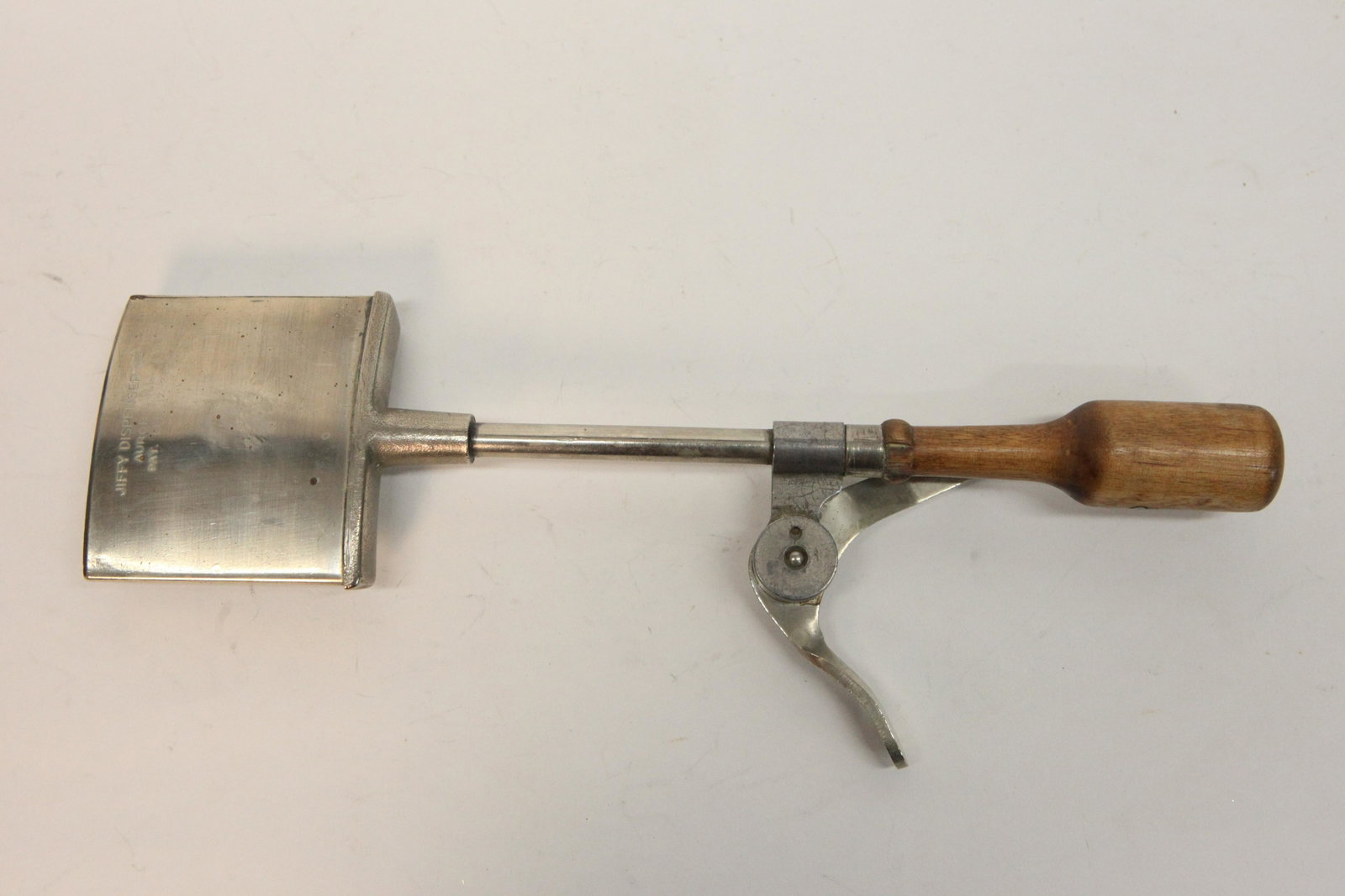 JIFFY ICE CREAM SCOOP: Metal with wood handle, ice cream scandwich Jiffy Dispenser Co., Pat 2-17-25; trigger mechanism, slight loss on handle, wear, L-12 1/2", G-G+