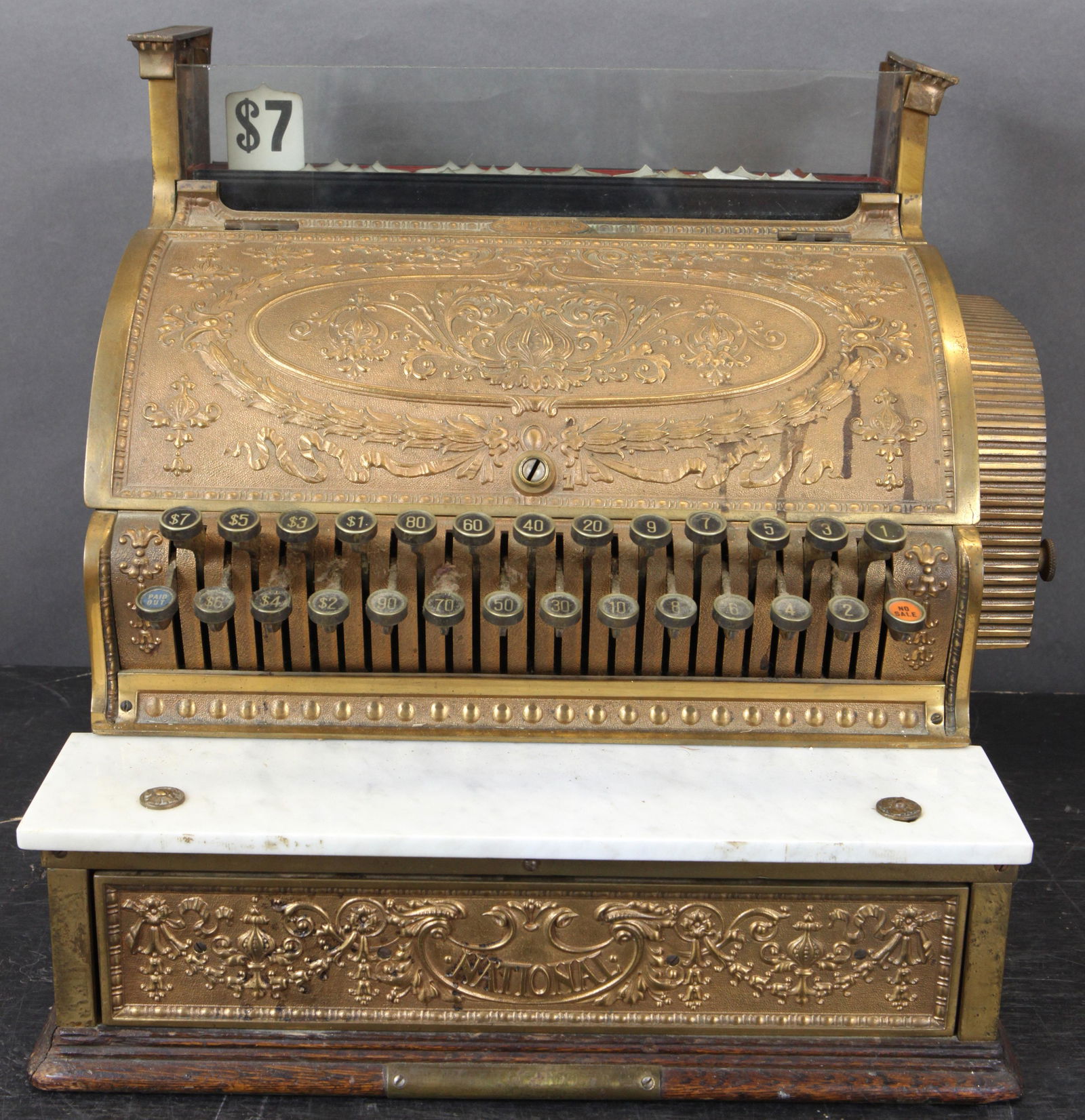 NATIONAL CASH REGISTER MODEL 346: SN S112242 (?), brass, push buttons work but occasionally stick, missing top and upper part of back, H-17", L-18", F-G