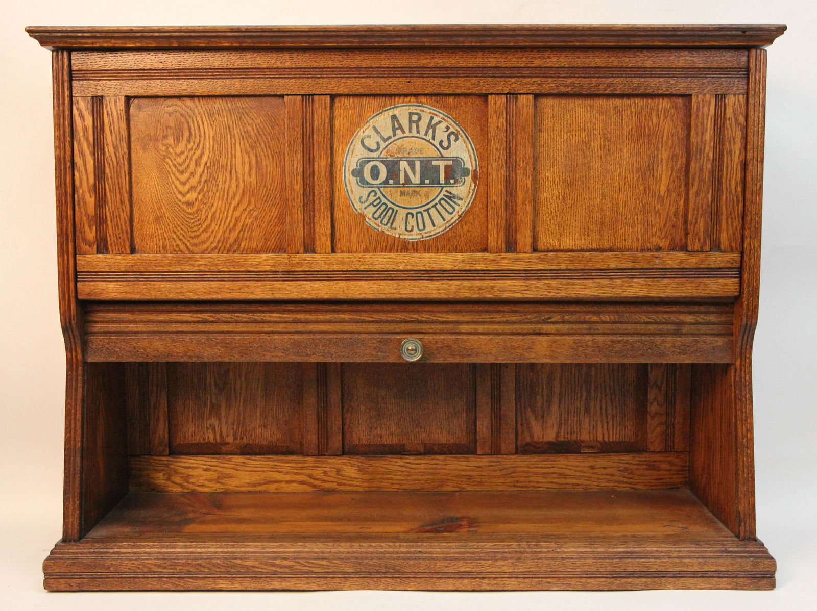 CLARK'S SPOOL CABINET DESK: Oak, tambour front, decals front and back; normal wear; H-24", L-32", G-VG