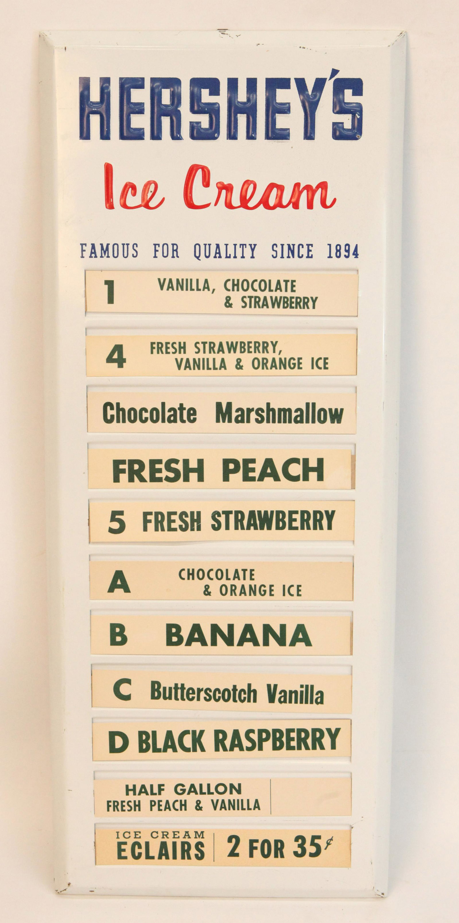 HERSHEY'S MENU BOARD: Painted metal, embossed, "H. I. Cream" letters, cardboard inserts; normal wear; 28" x 11", VG-EX
