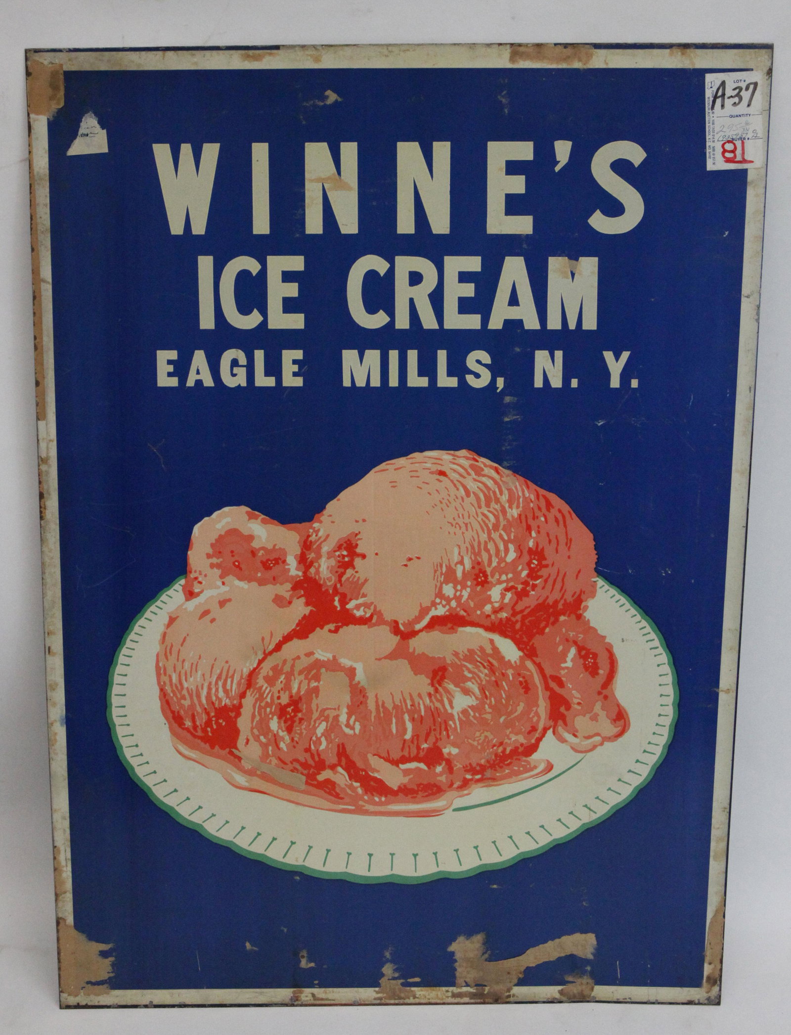 WINNE'S ICE CREAM SIGN: Double sided; enameled metal; minor scratches; (1) side is better than the other; (1) side has paper residue, some edge roughness; 28" x 20", G-G+