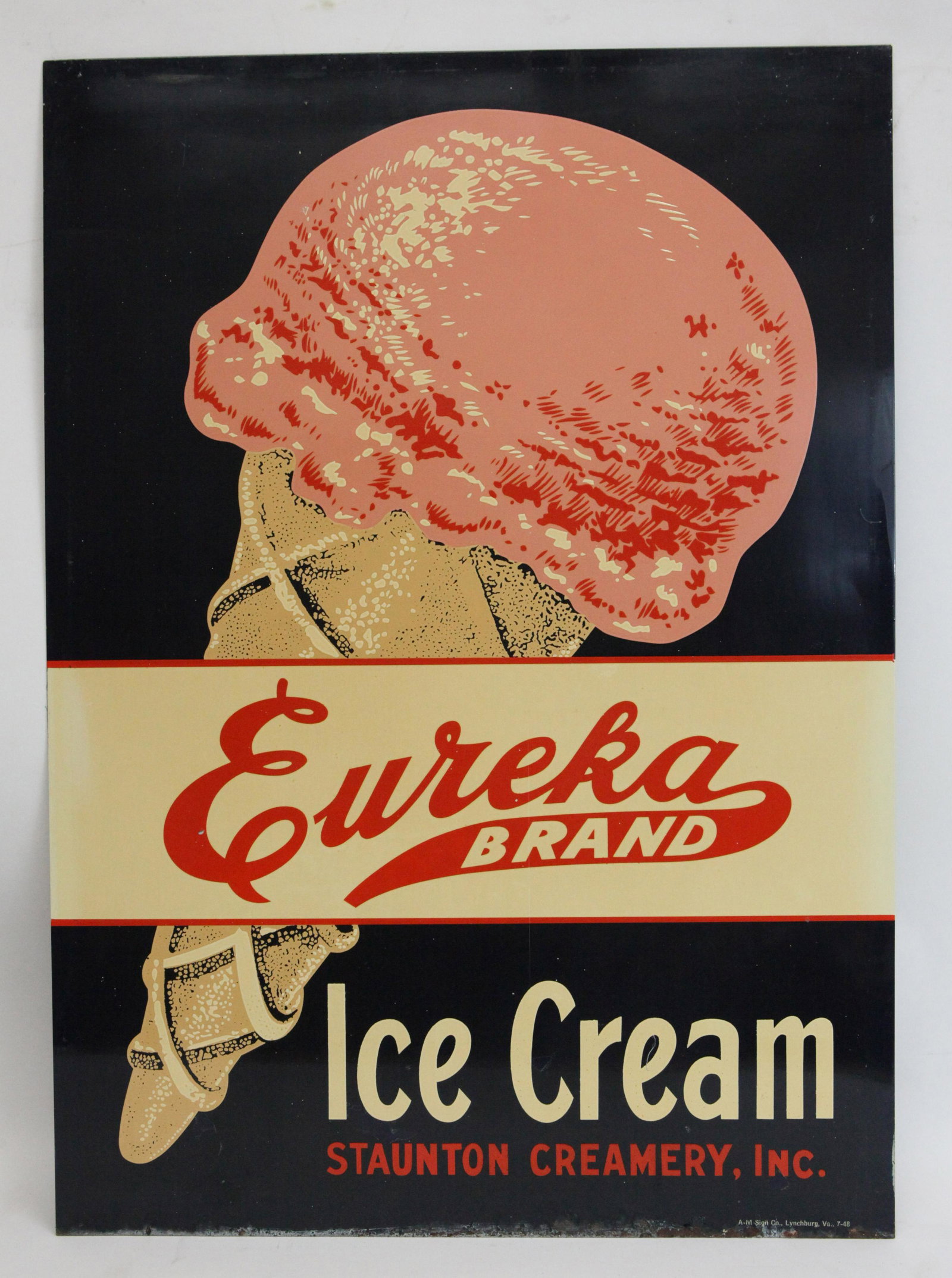 EUREKA ICE CREAM SIGN: Double sided; enameled metal; bottom edge is rough 1/4", 28" x 20", VG-EX