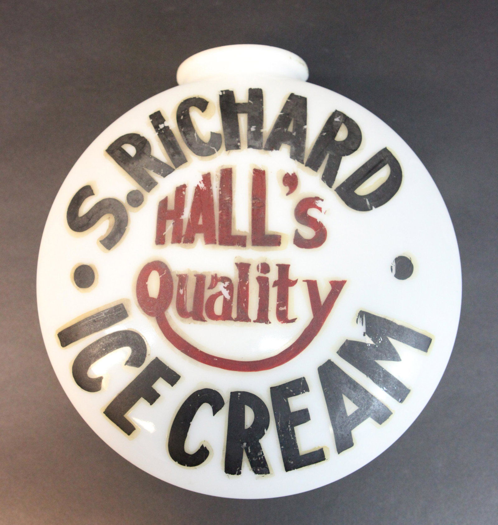 ICE CREAM LIGHT GLOBE: Double sided; "S. Richard Hall's Quality Ice Cream", milk glass with painted letters; normal wear; H-13", G-G+