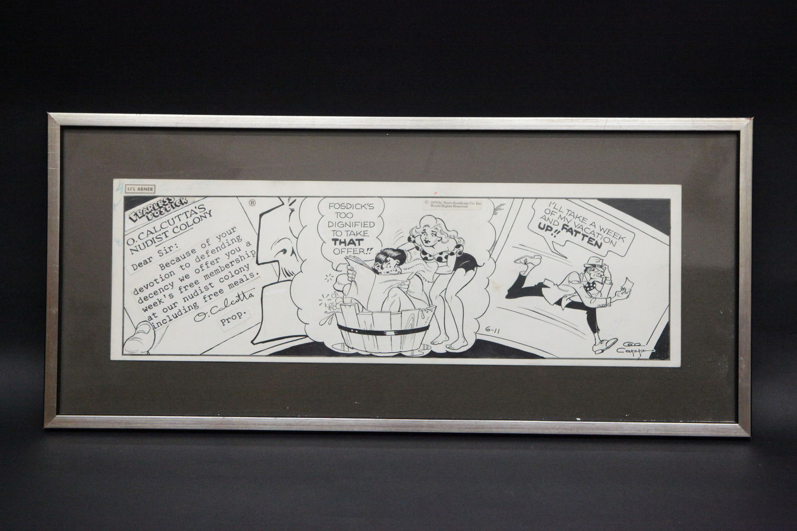 AL CAPP ORIGINAL CARTOON ART: Lil Abner (1970 6/11) "Nudist Colony Offer", signed lower right; framed, normal wear, image size: 6 1/2" x 19 1/2", G-VG