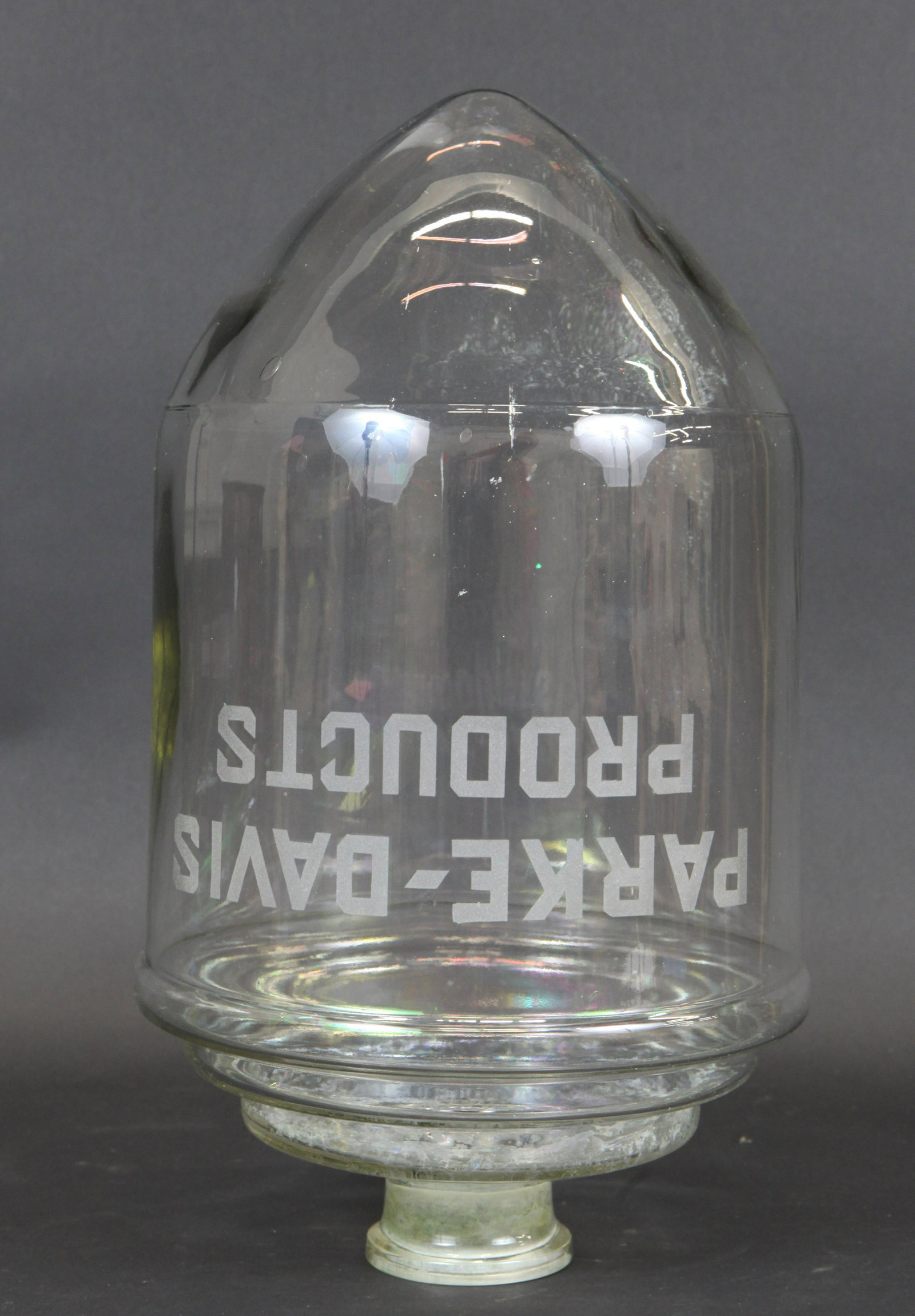 PARKE-DAVIS SHOW GLOBE: Clear glass, etched "Parke-Davis" "Products", missing stopper and middle base, normal wear, H-16 1/2", G-VG
