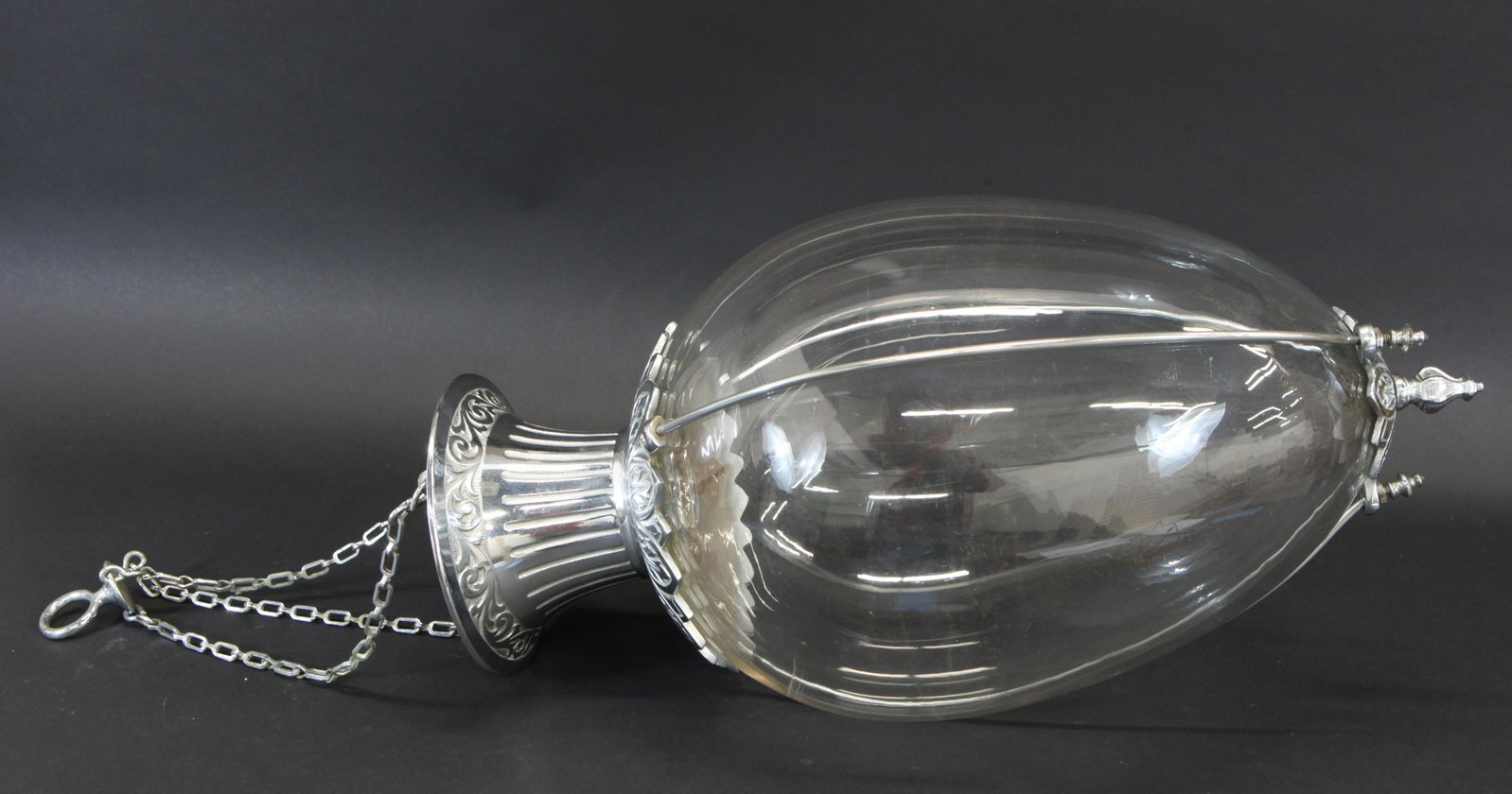 PHARMACY HANGING SHOW GLOBE: Clear glass tear shape with nickel plated top and bottom, missing stopper and hanging arm, normal wear, H-22", VG-EX