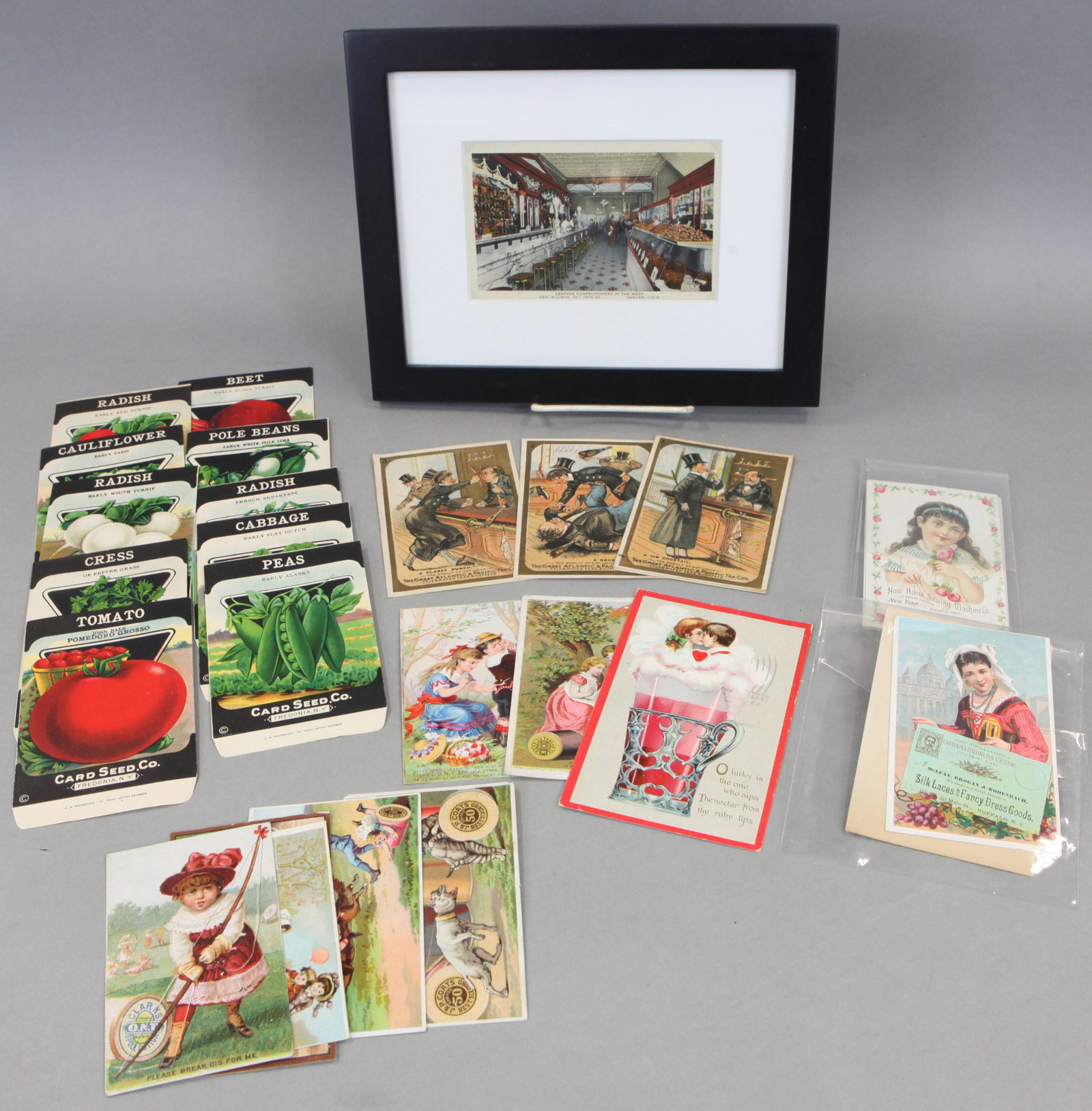 VINTAGE PAPER EPHEMERA: Paper litho, (9) seed packs - all different, trade cards pertaining to sewing and soda fountain; (21+/-) trade and post cards pertaining to sewing, fountain, etc., some series, some backs have mountin