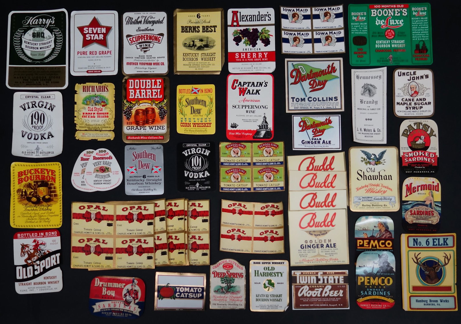MISC. VINTAGE BOTTLE LABELS (50+/-): Normal wear, largest 6" x 5", G-VG