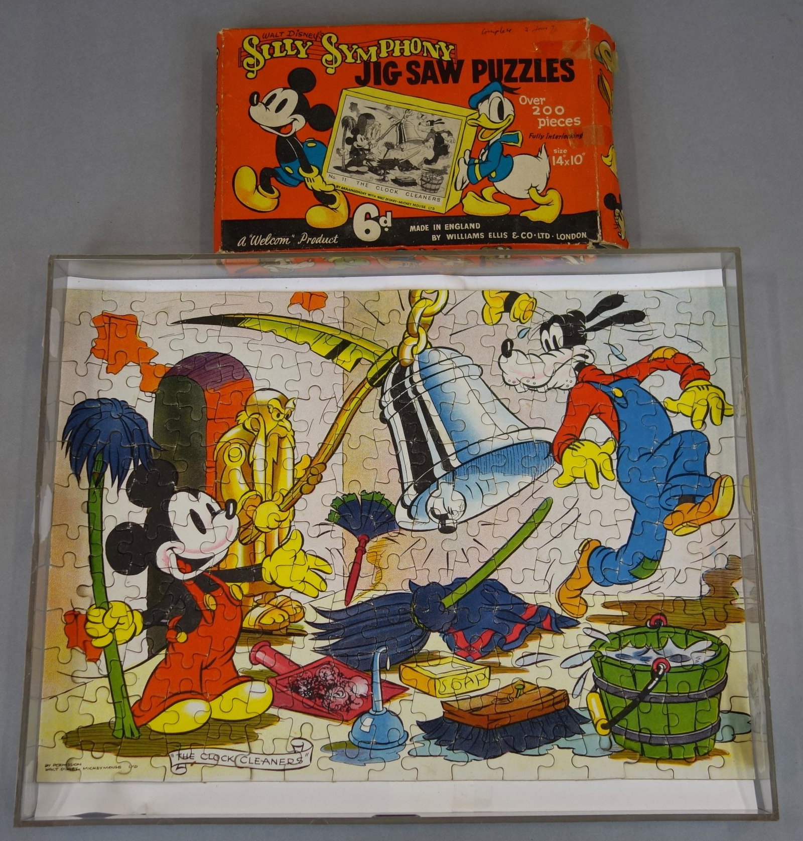 SILLY SYMPHONY PUZZLE: Cardboard and paper litho, #11, the clock cleaners, original box, English; normal wear; 14" x 10", G-VG