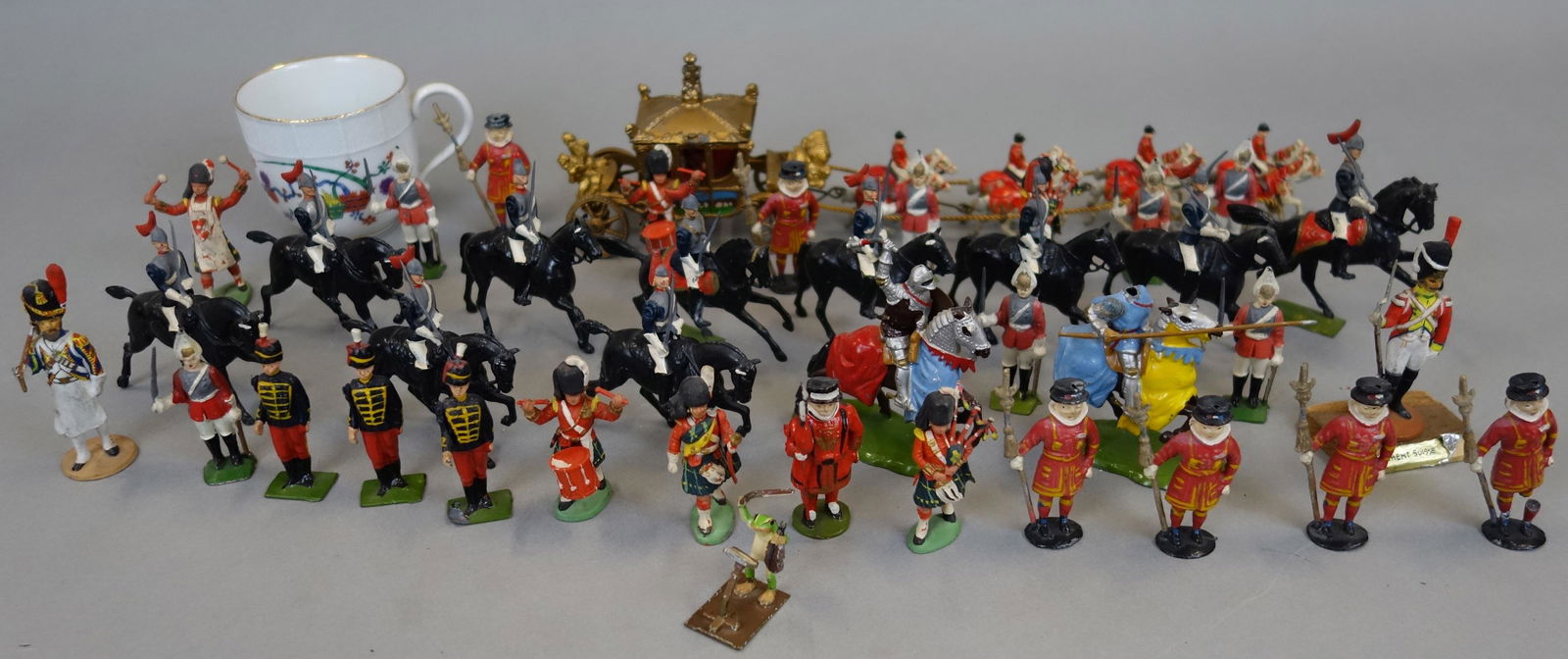 BRITAINS FIGURES, COACH, ETC.: Painted metal and plastic, includes Coronation coach, soldiers, etc., normal wear, largest 13", G-VG