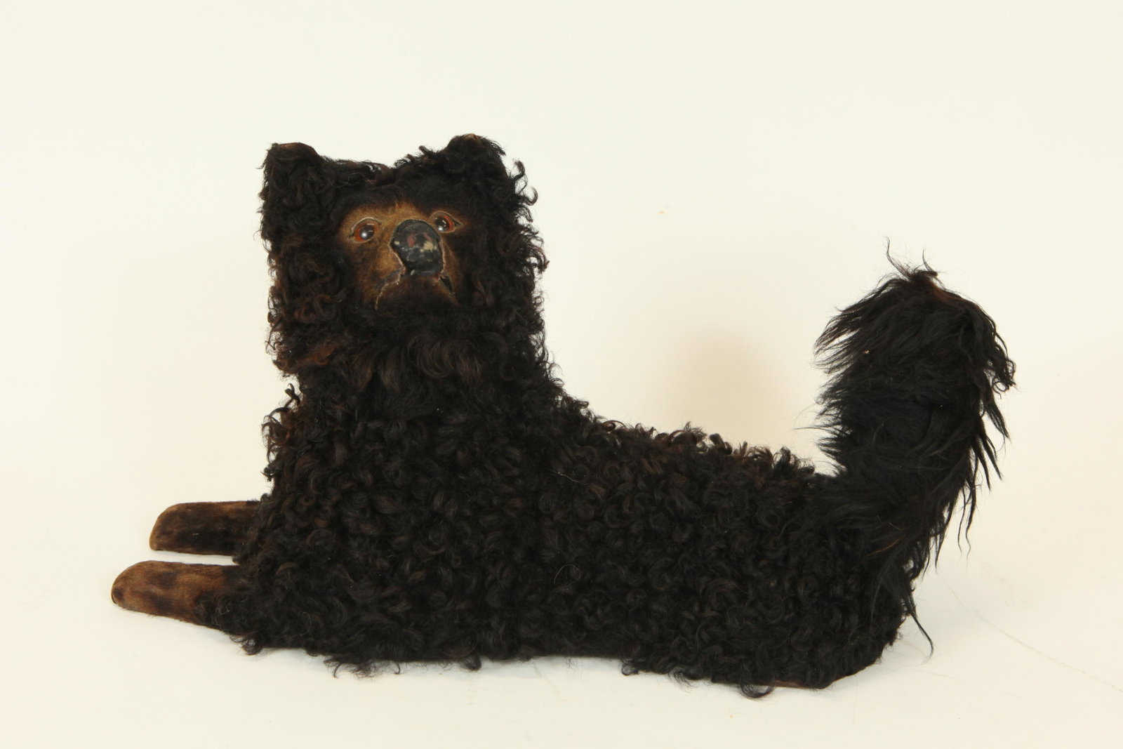 FRENCH MOHAIR DOG PAJAMA HOLDER: Egg carton interior with zippered compartment on bottom, normal wer, nose has some scuffs, L-18", G-VG