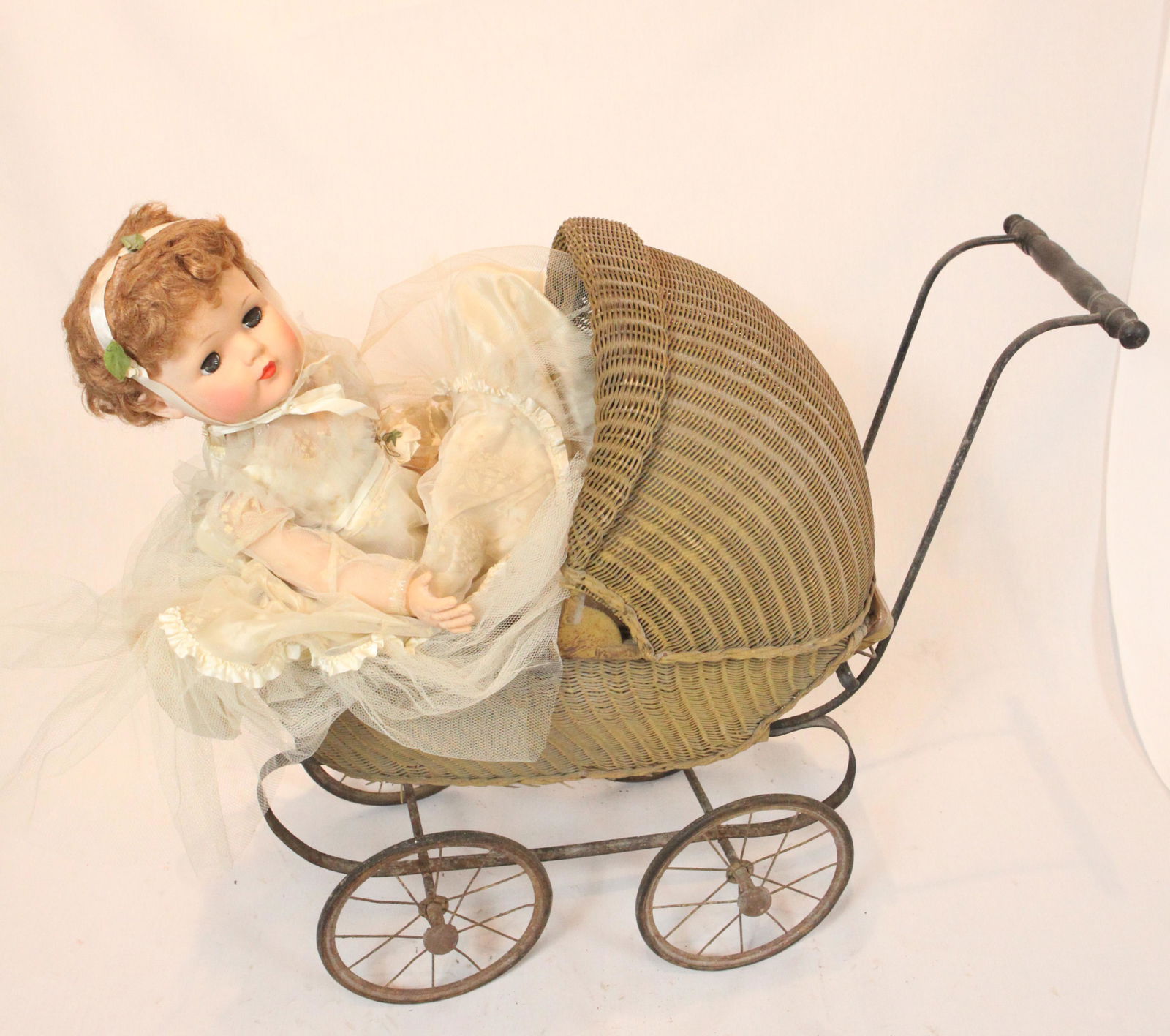 DOLL CARRIAGE & DOLL: Wicker carriage, vinyl Effanbee bride doll, normal wear, H-28", G-G+