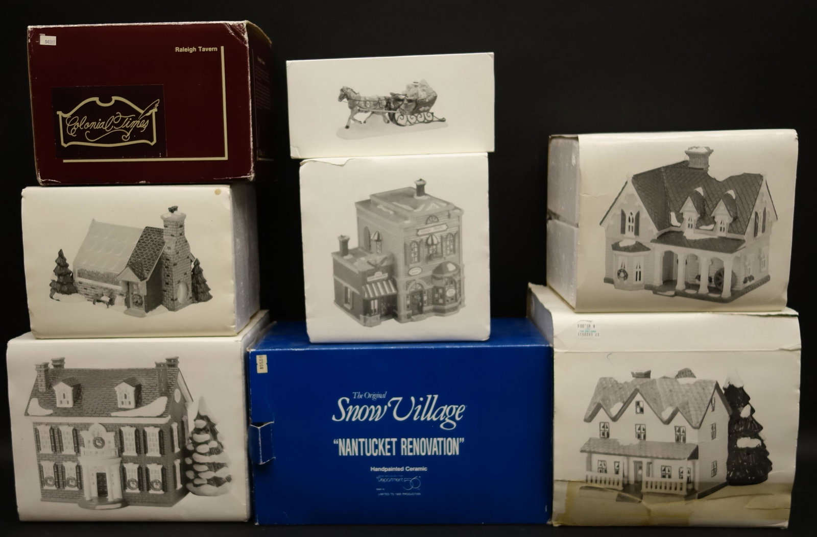 SNOW VILLAGE HOUSES, ETC. (8): Original boxes, normal wear, largest 14", G-VG
