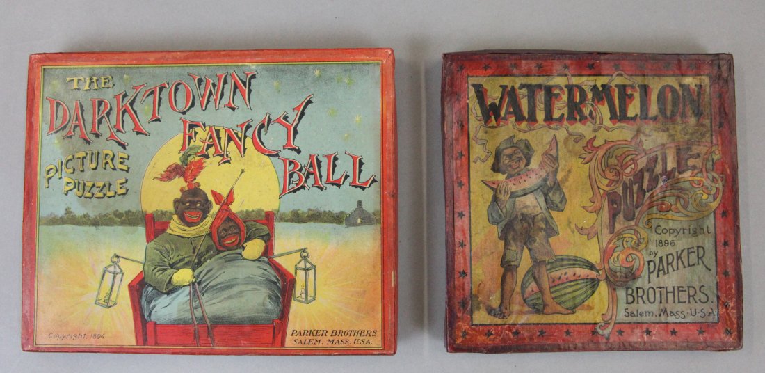 EARLY PARKER BROS. GAMES (2): Colorful paper litho on cardboard, (1) Watermelon Puzzle, not typical puzzle, wood game pieces inside; some restoration, 7 1/2" x 7 1/2"; (1) Darktown Fancy Ball Puzzle, box only, 7 1/2" x 9 1/2"; nor