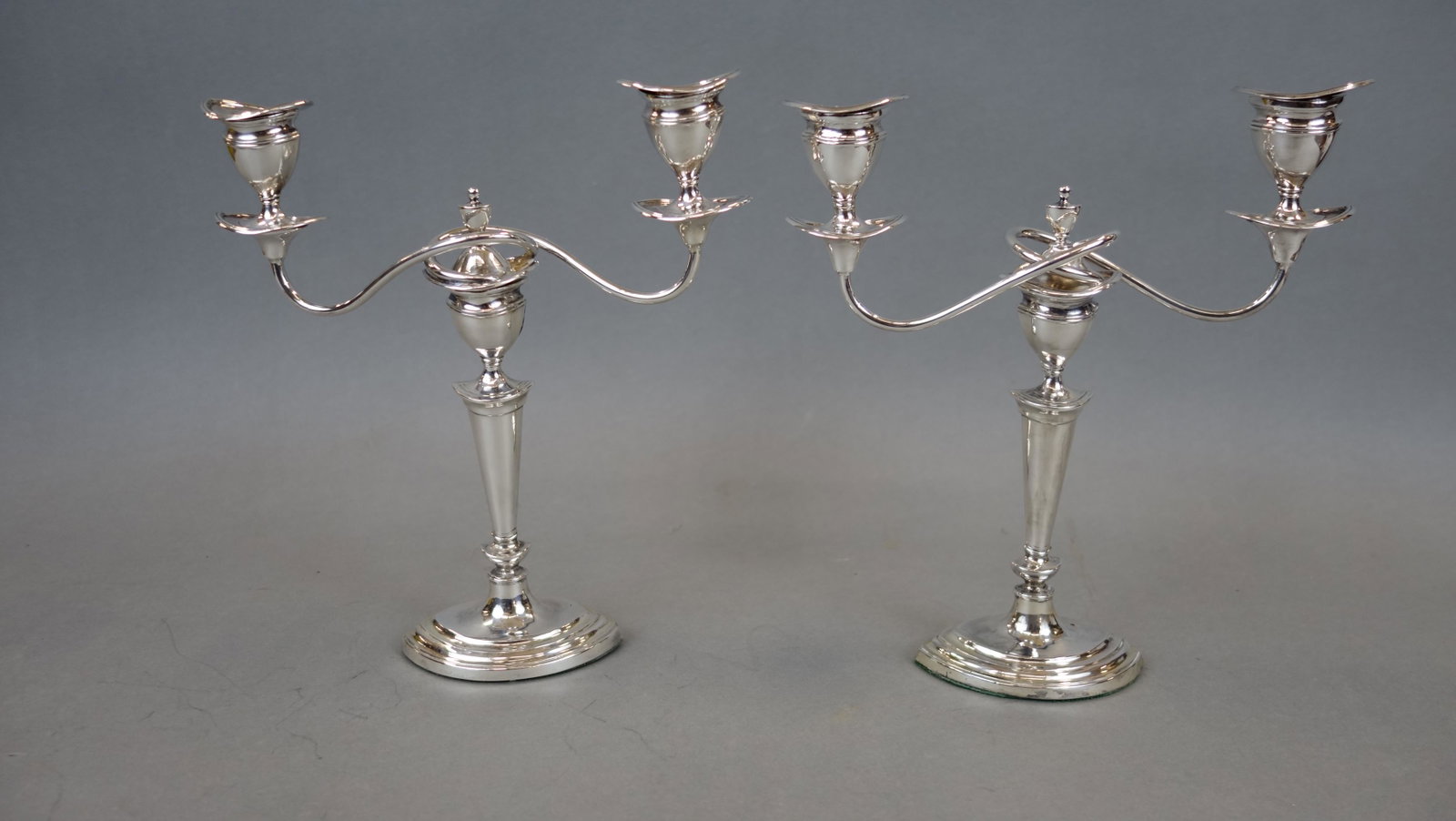 ENGLISH STERLING CANDELABRA: Hallmarked W.L.& S., weighted, normal wear, H-10", G-VG