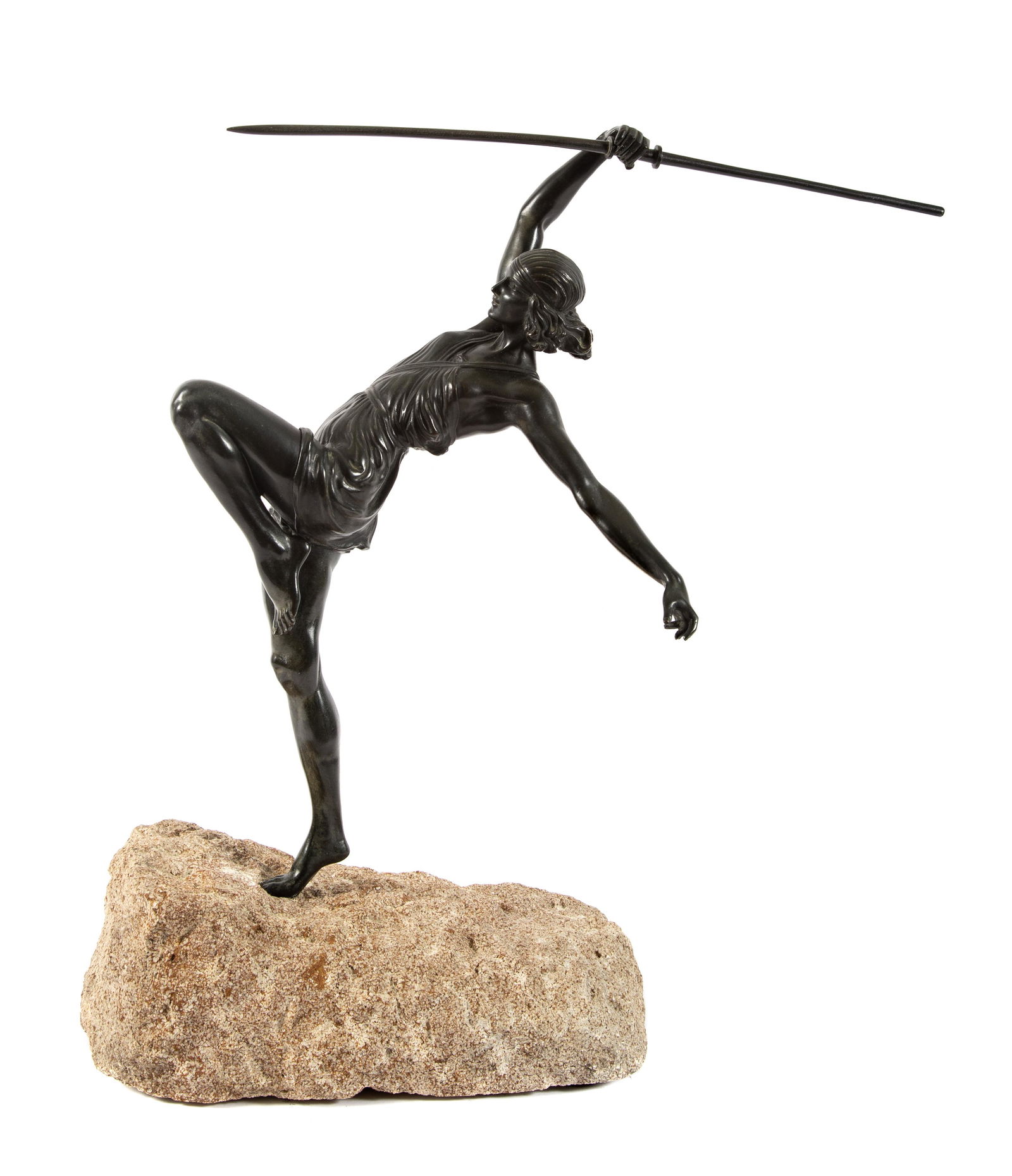AMAZON WARRIOR DECO BRONZE - LeFAGUAYS: Pierre LeFaguays (French 1892-1962 ), aka Fayral, aka Pierre Laurel. Bronze figure. Period Art Deco sculpture of Amazon warrior brandishing a spear. Original dark green patina in very good condition.
