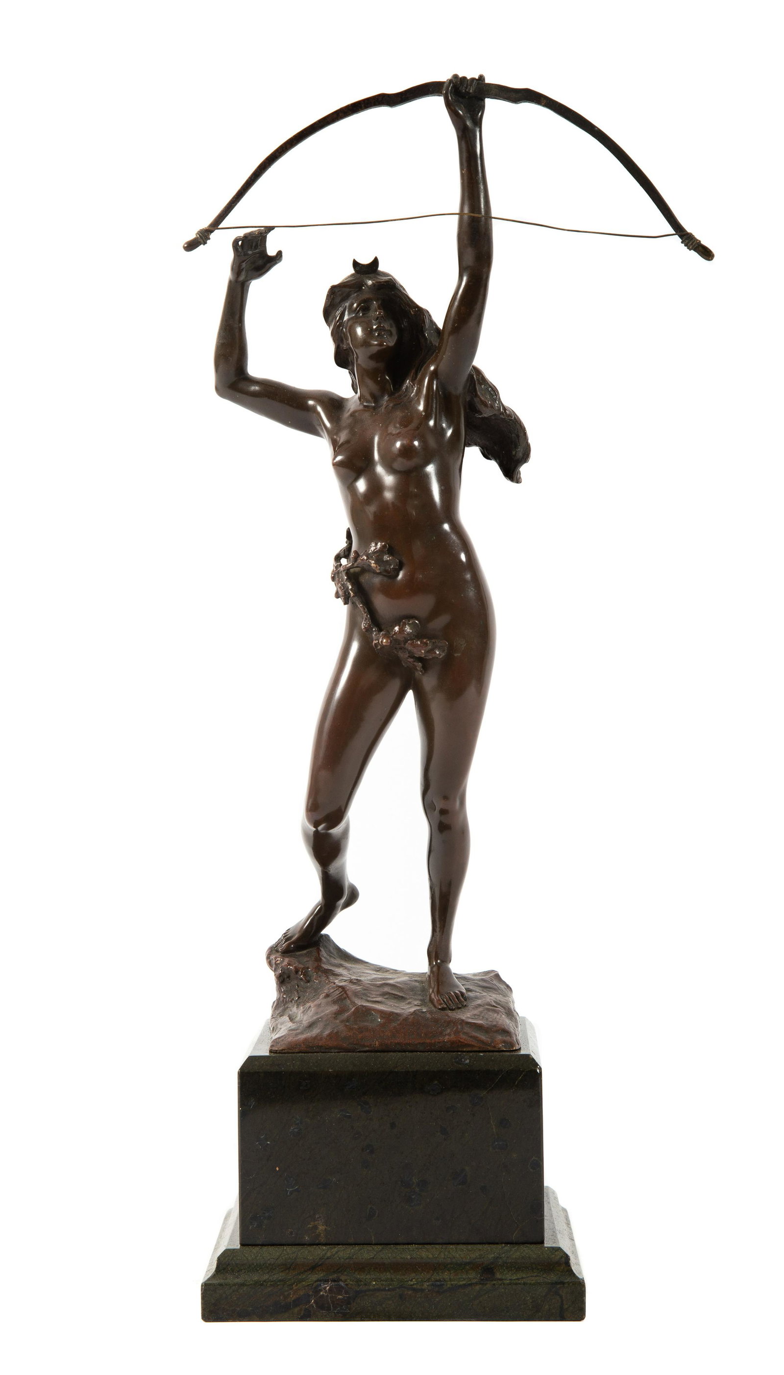 DIANA THE HUNTRESS BRONZE - KOWALCZEWSKI: Paul Ludwig Kowalczewski (Germany, 1865-1910). 19th Century French bronze sculpture of Diana the Huntress with bow drawn. Original translucent medium brown patina in excellent condition. Height of fig