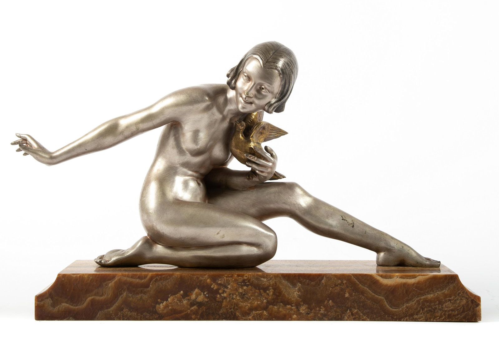 ART DECO NUDE BRONZE - GODARD: Armand Henri Godard (French, early 20th century). Large period 1920s Art Deco bronze sculpture with original patina in very good to excellent condition. Nude figure with bird mounted on original signe