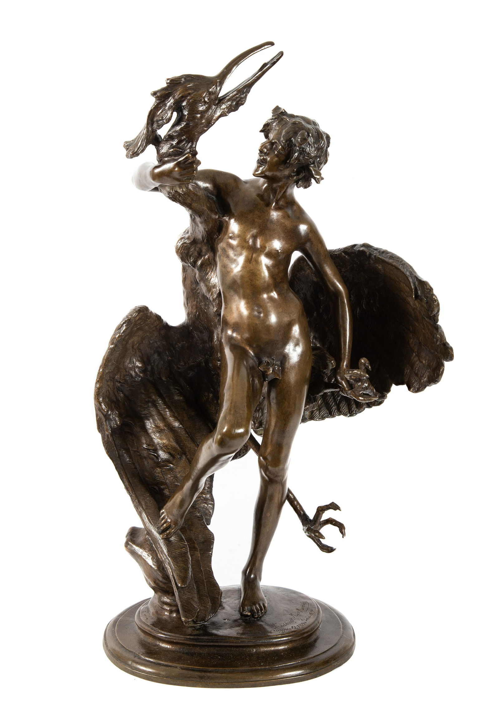 BRONZE FAUN WITH HERON - MacMONNIES: William Frederick MacMonnies (American, 1863-1937). Bronze sculpture, cast c. 1890. Figure of "Young Faun and Heron." Superb original patina. Signed "Frederick MacMonnies, Copyright 1894, Paris 1890.
