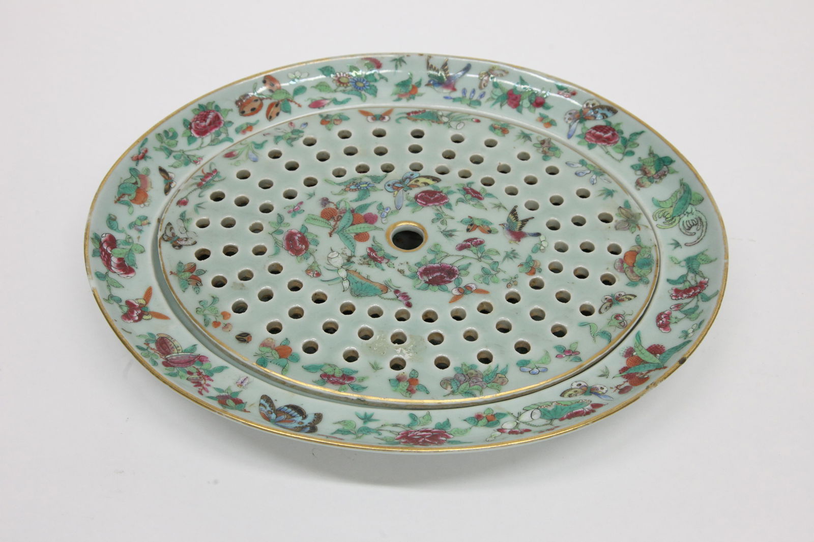 CELADON WARMING PLATTER / DRAIN: Painted porcelain; some gilt wear; L-16", G-VG
