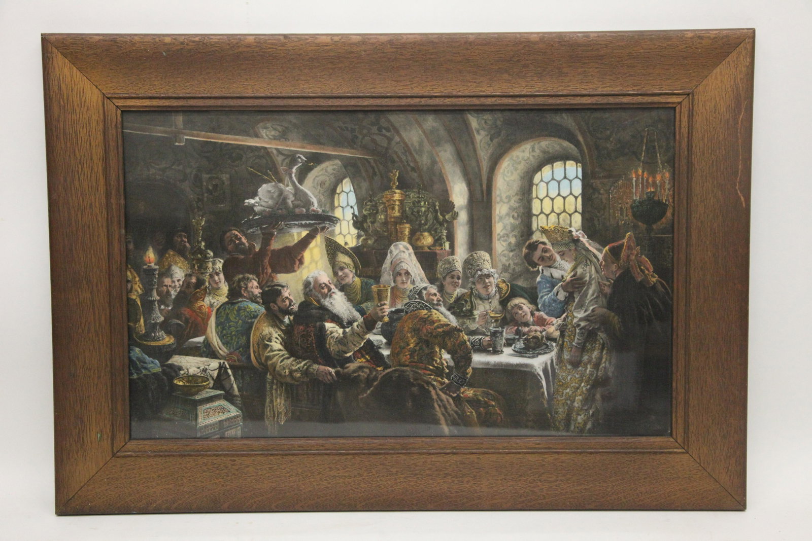 WEDDING LITHO: Seal, copyright by Schumann; wide oak frame, normal wear; 18" x 19", G-VG