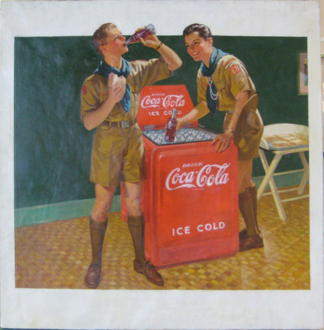COCA-COLA ORIGINAL OIL ON CANVAS SCOUTS AT COOLER: A large 44" x 44"; great subject matter; this painting has been professionally cleaned with some small spots of inpainting. There are 20 to 30 small patches on the reverse; gilt frame