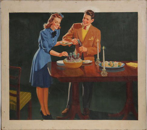 COCA-COLA ORIGINAL ART OIL ON CANVAS 1942: 40" x 45 1/2" sight size; unsigned; framed; nice image of man and woman selecting a Coca-Cola at a luncheon; professional touch-up at top of painting in background only; some minor flakes and rubs; co