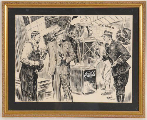 COCA-COLA ORIGINAL PEN & INK ARTWORK: Circa 1945, signed Frank Godwin; image is 17" x 22" framed and matted under Plexiglas; this original art is accompanied with the original ad, explaining that the Polish Flyer is greeting you as his br