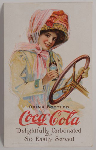 1911 COCA-COLA MOTOR GIRL POSTCARD: 3 1/4" x 5 1/2"; postmarked 1913 on the back; with cancelled stamp intact; interestingly on April 8, 1913 C. D. Davis asked to have 5 cases shipped to him at once and sent the postcard to Bay Bottling