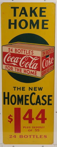 CIRCA 1945 MASONITE COCA-COLA SIGN: 18" x 48"; bright, crisp and never used with only a few small scratches on the surface; light soiling; condition 8.5 to 8.8 / EX+