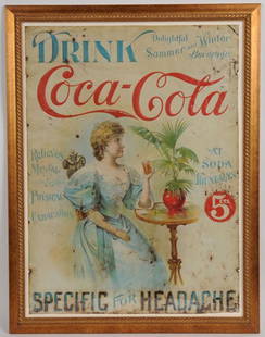 EXCEEDINGLY RARE 1898 EMBOSSED COCA-COLA TIN SIGN: 26 1/4" X 19 1/2", framed under Plexiglas; believed to be one of only two known examples, and the better of the two by significant measure; even though this displays a number of bends and crimps,