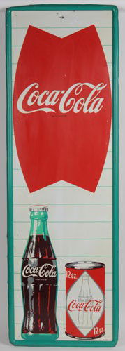 1960'S COCA-COLA TIN SIGN: 54" x 18"; features both bottle and diamond can; difficult variation to find; small closed cut with paint chip lower center; a few minor bends; extra nail hole with paint chips top center; and some st