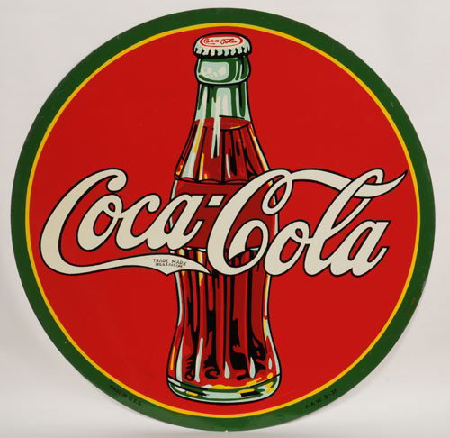 1938 COCA-COLA LARGE CIRCLE TIN SIGN: 45" diameter; a beautiful example with great shine; 3 very small paint chips on the neck of the bottle; one very minor extreme outer edge small crimp or bend; one tiny paint chip at 3 o'clock extreme