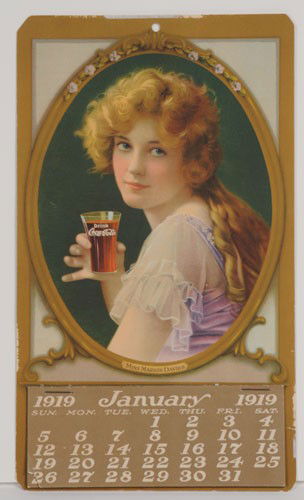 1919 COCA-COLA MARION DAVIES CALENDAR: 10 1/2" x 6 1/8", complete with full pad, good overall color; very strong condition within the border, with only the most minor of any marks, only very shallow surface bend bottom center just above th