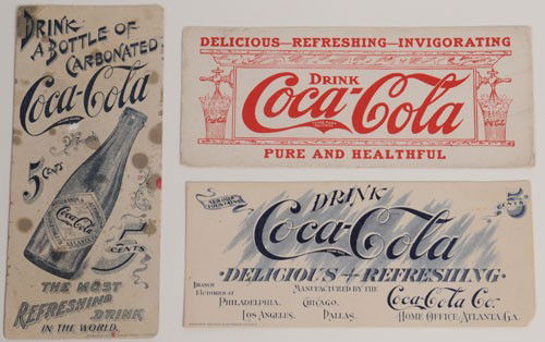 3 ASSORTED EARLY COCA-COLA INK BLOTTERS: 4" X 9 1/4"; 1904 with straight sided bottle: generally rough condition overall with some tears, one or two small holes, some dark spots; also includes a 1904 with blue highlights and bold early logo:
