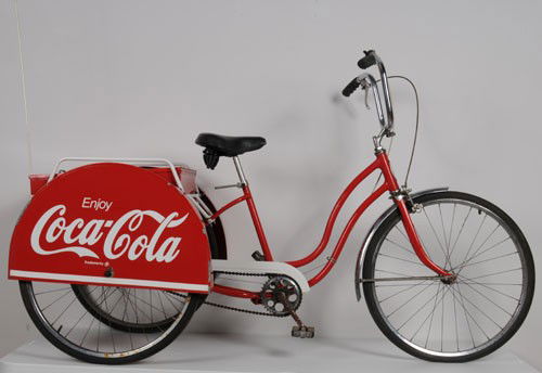 SCHWINN 3-SPEED DELIVERY TRIKE: 70" long; Great conversation item, has been converted into and recreated as a Coca-Cola vending bike with cooler cargo area in rear; nice condition with only light to normal expected wear for a bike w