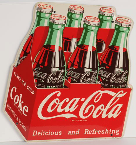 1951 COCA-COLA CUT-OUT 6-PACK SIGN: 13" x 11", new old stock piece; bordering on pristine condition with only the most miniscule of marks or wear of any sort; still has traces of original paper around the extreme outer edges; condition 