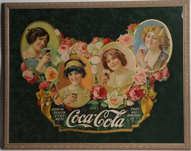 BEAUTIFUL & RARE 1913 COCA-COLA FESTOON CENTER PC.: 24" X 30"; beautifully mounted and framed under glass; exceedingly rare and possibly unique; features beautiful girls and art with vibrant colors and enjoyable overall condition; displays as 8 to 8.5