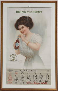 1911 COCA-COLA CALENDAR: Image is 34 3/4"x 20"; nicely framed under glass; stunning color, graphics and image, especially due to large size; complete with two calendar pages; and also promotes Goldelle Ginger Ale in addition