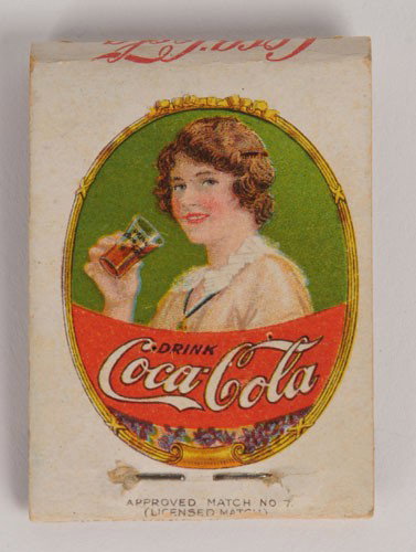 CIRCA 1913 COCA-COLA MATCHBOOK: Still retains 15 of the original 20 marked matches; better than average overall condition only 1 or 2 tiny pin holes; light to medium soiling; a few small spots, 7.5 to 8/EX