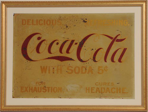 CIRCA 1898 COCA-COLA TIN SIGN: 11 3/4" x 16 3/4" image area visible; matted and framed under glass; made by Tuchfarber; another early and historic tin Coca-Cola sign, advertising 5 cents and making health claims; slightly darkened 