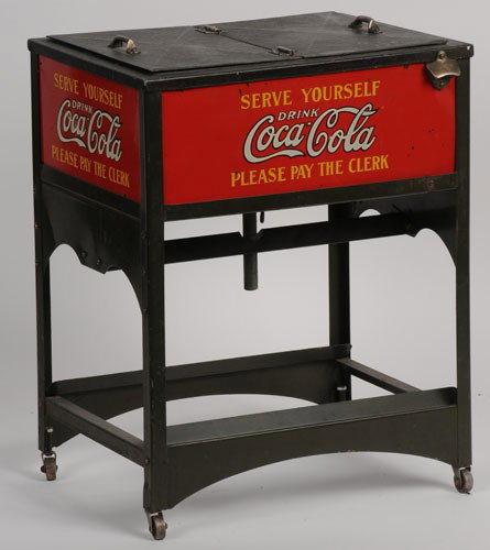CIRCA 1929 COCA-COLA SALESMAN'S' SAMPLE COOLER: 13 1/2" x 10 1/2" x 8" deep; very sound and essentially complete example, missing only the cap catcher; displays quite nicely with only light soiling, a few paint chips and nicks on the sign panels as