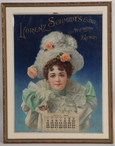 LORENZ SCHMIDT'S ESTATE MOUNT CARBON BREWERY 1900 : 19 1/2" x 14 1/2", complete with metal strip top and bottom and original cloth hanging loop; features the same beautiful face seen extensively in 1901 Coca-Cola advertising; apparently her agent was d