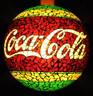 SIGNIFICANT & IMPORTANT COCA-COLA MOSAIC HALF GLOB: Circa late teens to 1920's; 13 1/2" diameter; exquisite glass tiles with grouting on glass half globe construction; 2 holes at top center accommodate hanging and display as well as 2" wide half moon b