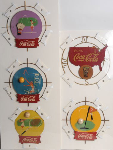 30's COCA-COLA SPORTS FESTOON ELEMENTS: Each piece is 16" diameter; included is the United States center piece and four of the elements of the festoon promoting Coca-Cola with various sports; the pieces are made by Kay Displays, the tennis 
