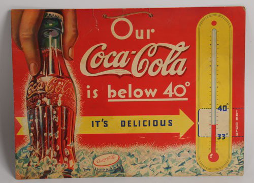 CIRCA 1935 COCA-COLA CARDBOARD SIGN: 9" X 12" complete with original string hanger; this is a sign you very seldom find, promoting Coca-Cola being "Cold" and "Delicious", interestingly the back of the sign features a chart for regular co