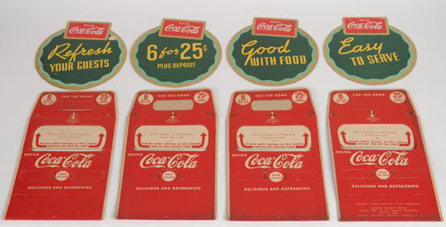 SET OF 4 1930'S COCA-COLA CARDBOARD BANNER CARDS: Each measures 8" x 9"; also included are 4 complementing cardboard 6-bottle carriers; the carriers have only mild to medium soiling and almost no wear; the banner cards are nice overall with strong co