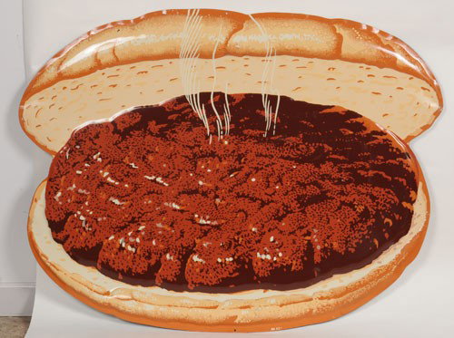 1950'S HEAVILY EMBOSSED TIN HAMBURGER & BUN: 39" x 48"; distributed by Coca-Cola and used with their advertising; made by Allen-Morrison, in Virginia, where many Coke buttons were made in the 1950's; sharp bright example with only a few tiny nic