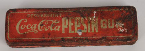 CIRCA 1912 COCA-COLA PEPSIN GUM TIN: Was designed to hold 5 sticks of chewing gum; overall rougher condition with extensive rust; a few paint chips and nicks; some shallow dents; condition 5/Fair